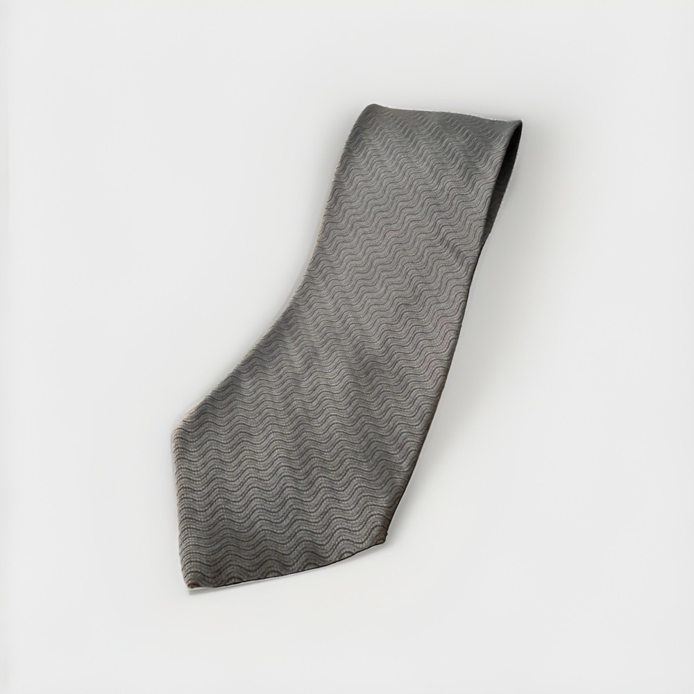 VTG Emporio Armani Wool Silk Tie Men Brown Jacquard Wave Authentic Made In Italy